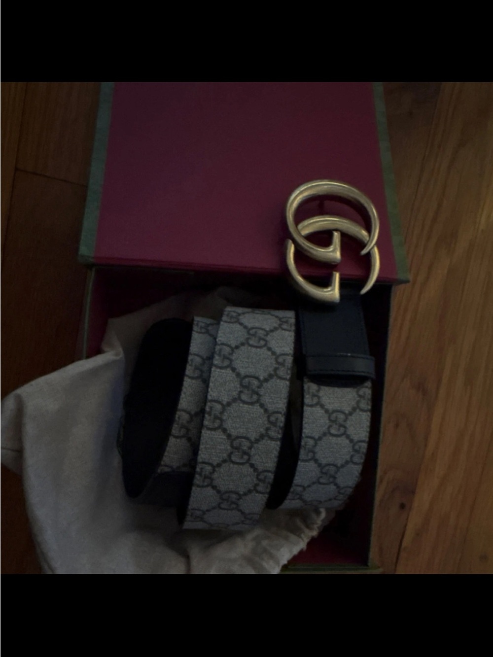 Gucci Gray GG Supreme Canvas Belt with Gold Double G Buckle